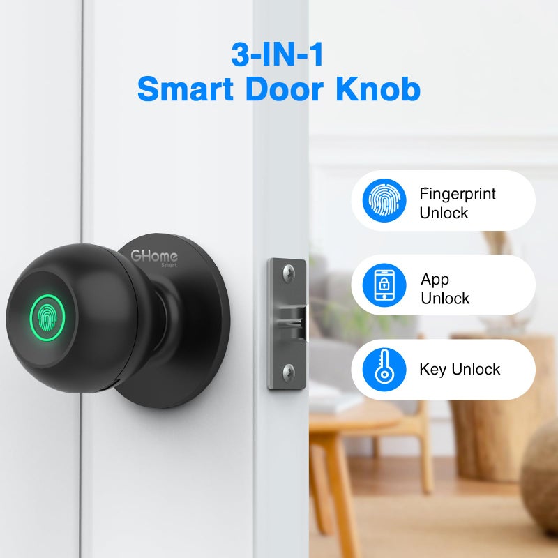 GHome Smart Fingerprint Door Lock  3 in 1 Smart Door Knob with App Control & Key & Keyless Thumbprint Entry  Type-C Port Emergency Charging  Biometric Lock for Bedroom  Garage  Apartment  Office - Image 2